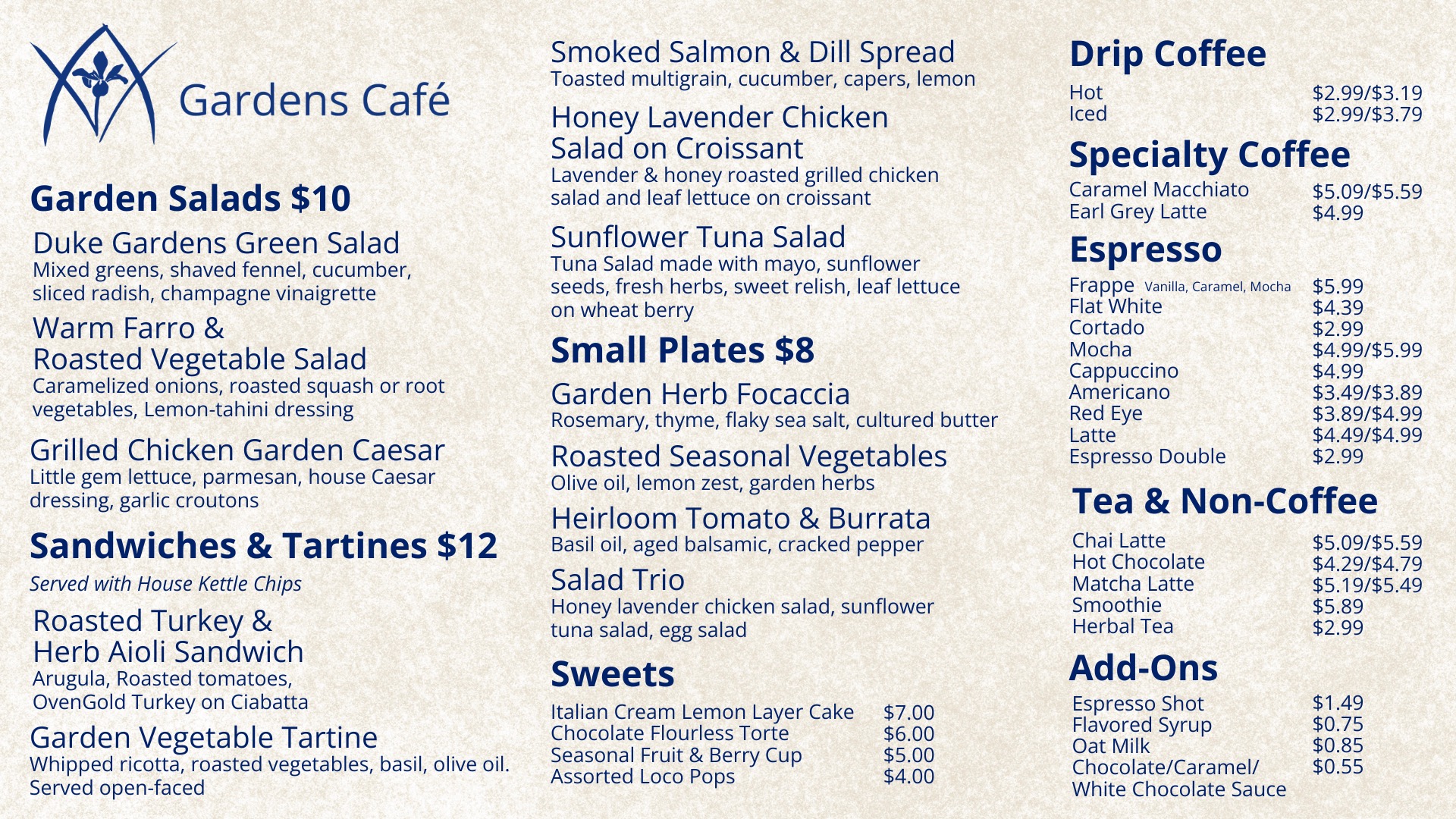 Full Gardens Café menu — salads, sandwiches, coffee, and sweets